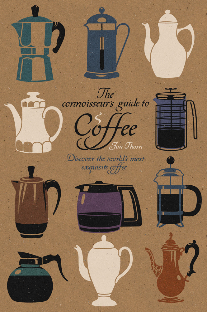 Book cover illustration by John Holcroft of a book about coffee