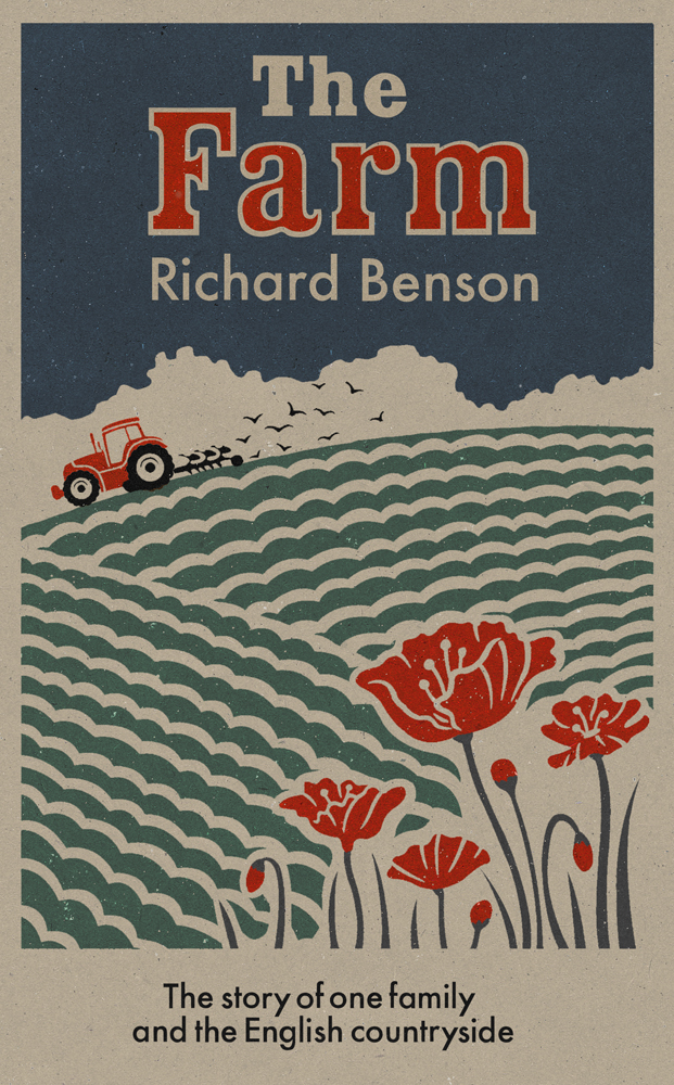 Book cover illustration by John Holcroft of a book called 'the farm' by Richard Benson