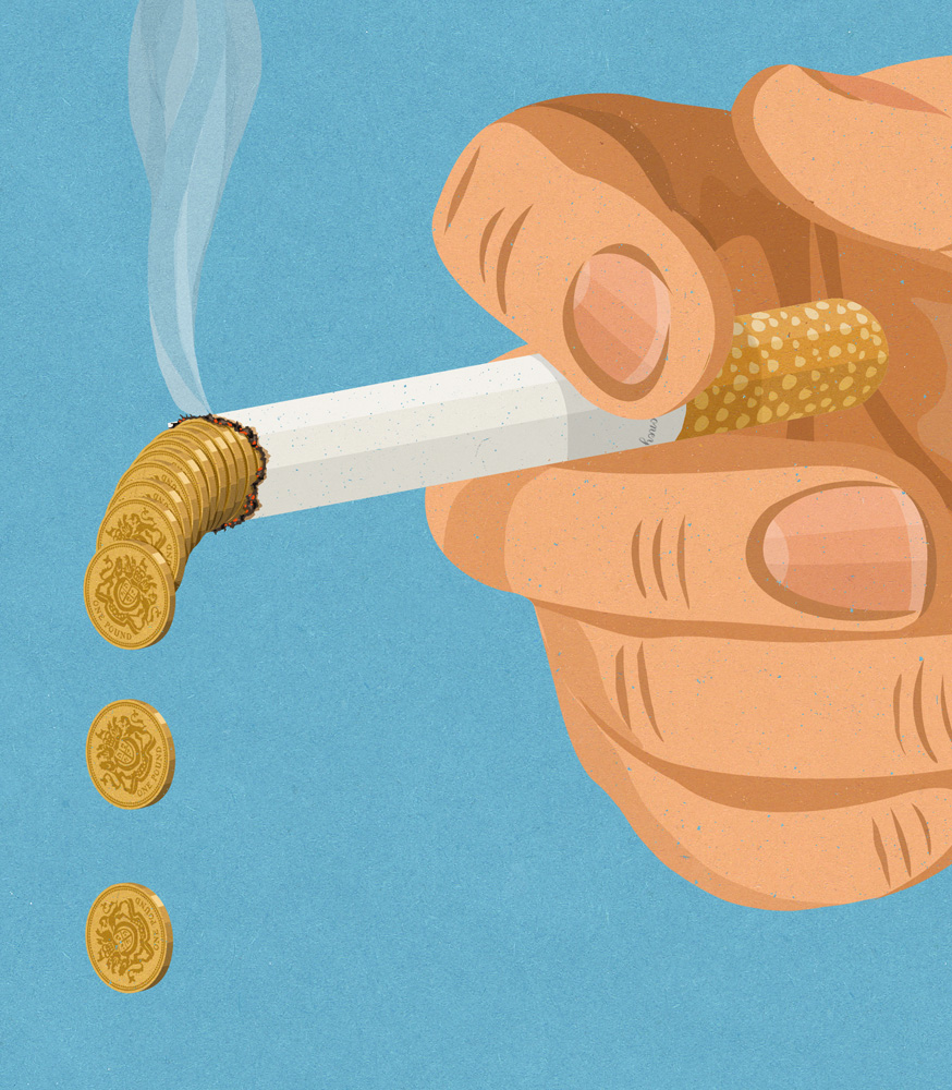 Editorial illustration about health and the financial cost of smoking for medical magazines, by John Holcroft