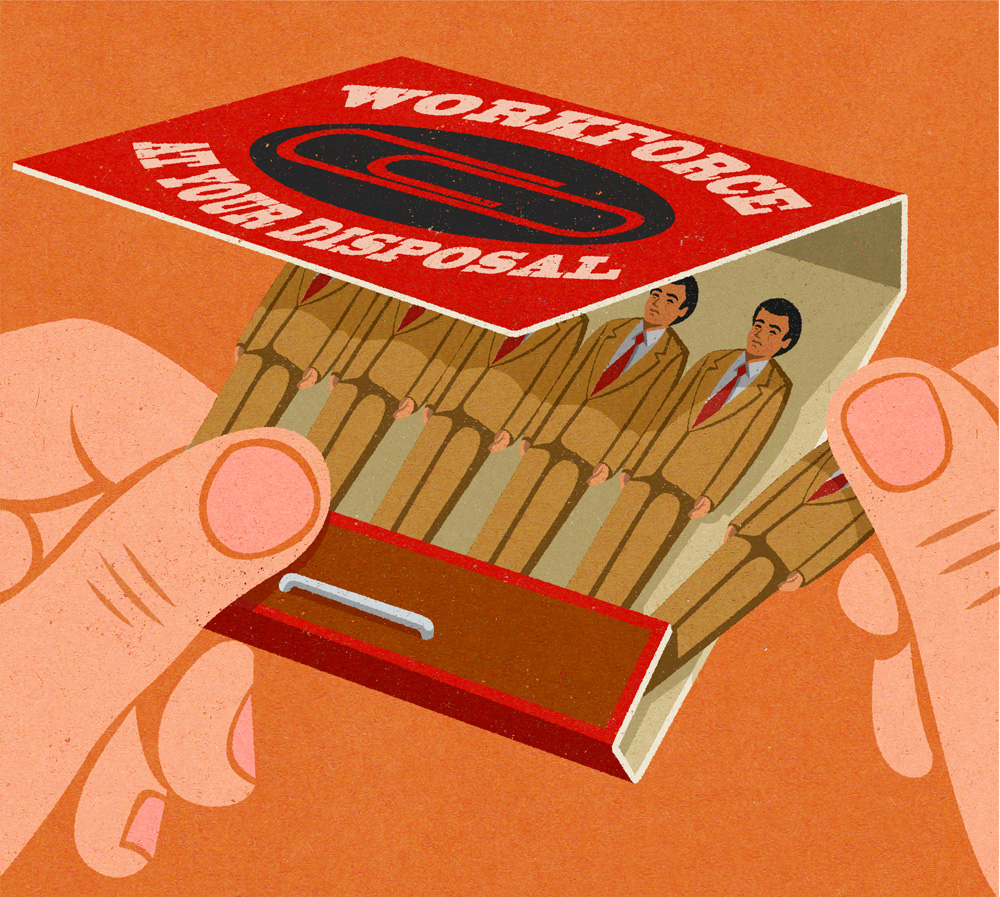 Conceptual illustration about the gig economy and how dispensable staff are , for economic and business magazines, by John Holcroft