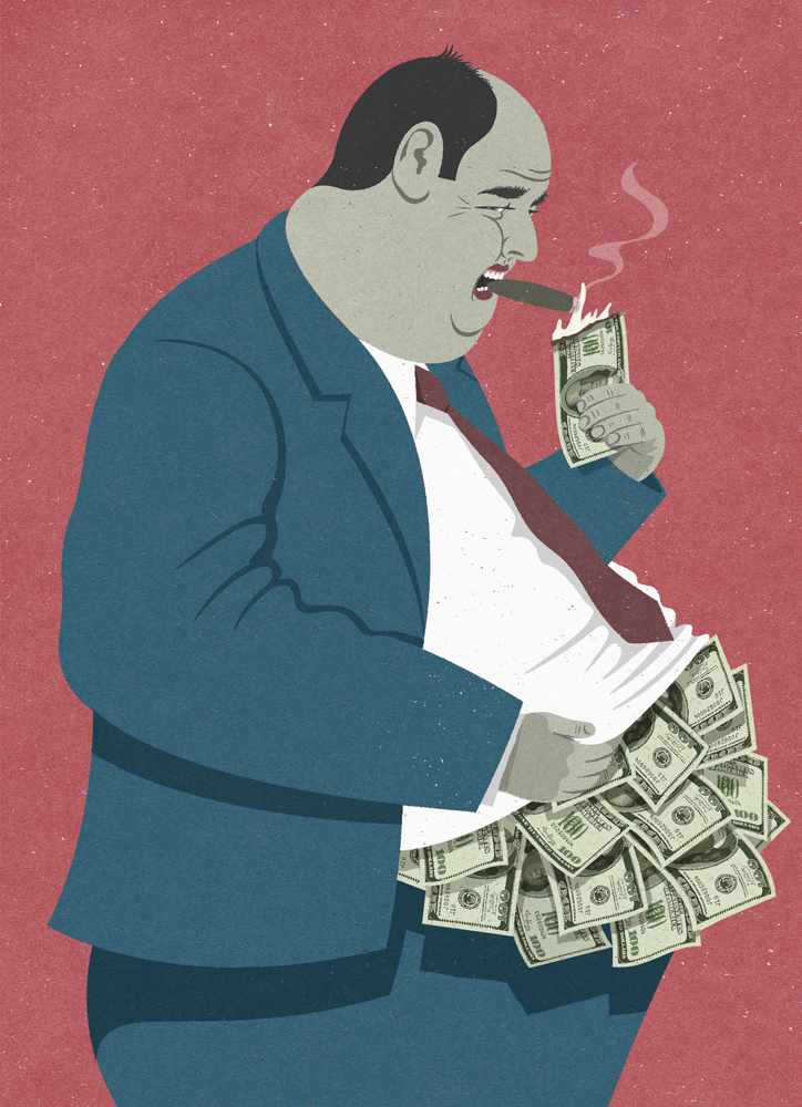 Conceptual illustration about greed in corporations. for business magazines