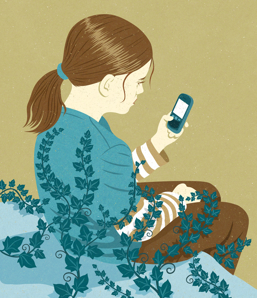 Conceptual illustration about about teenagers on devices for too long, for lifestyle magazines by John Holcroft conceptual illustrator