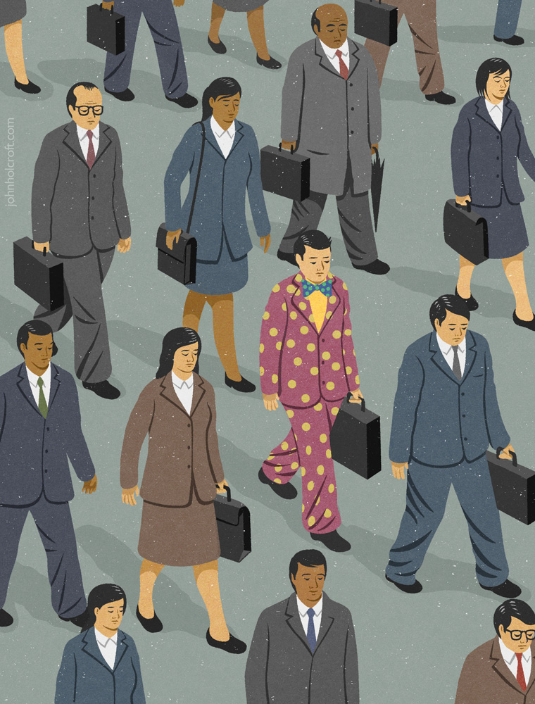 Conceptual illustration by John Holcroft about business office workers and the tedium of the everyday commute, for lifestyle magazines