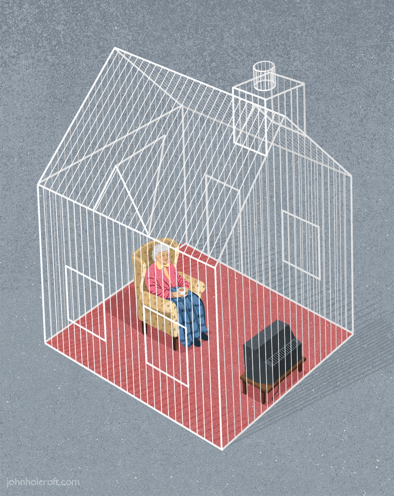 elderly woman in a house that is a cage