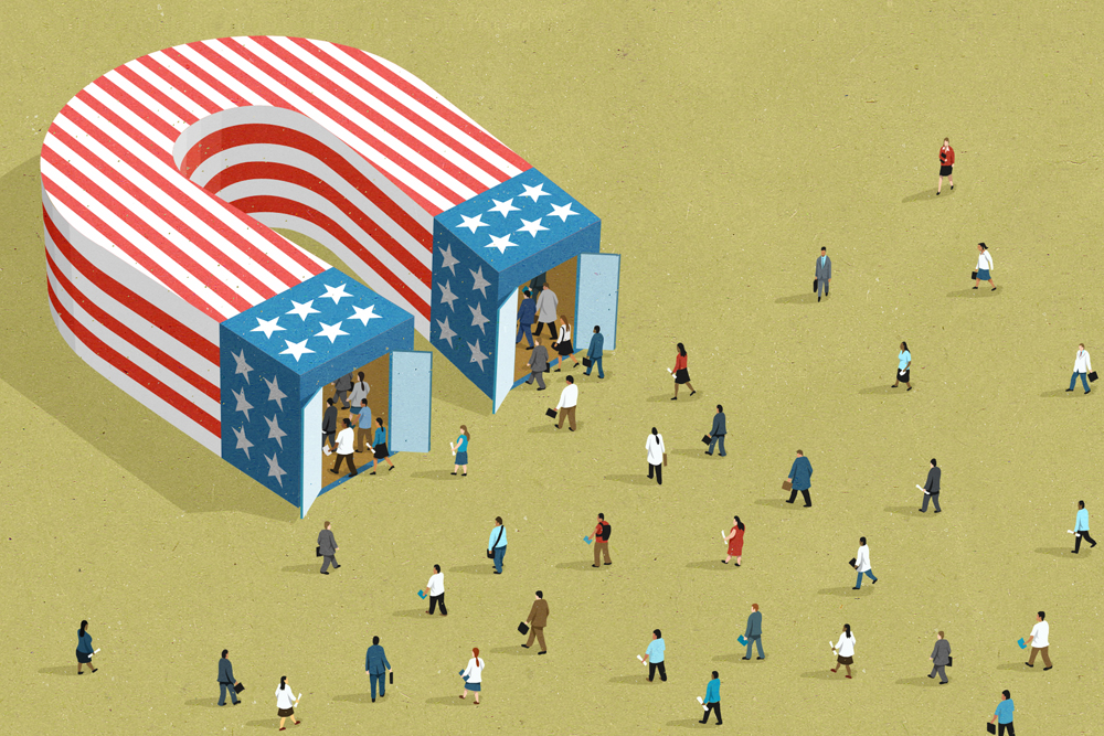 editorial illustrator John Holcroft, image about immigration and attracting talent from abroad.