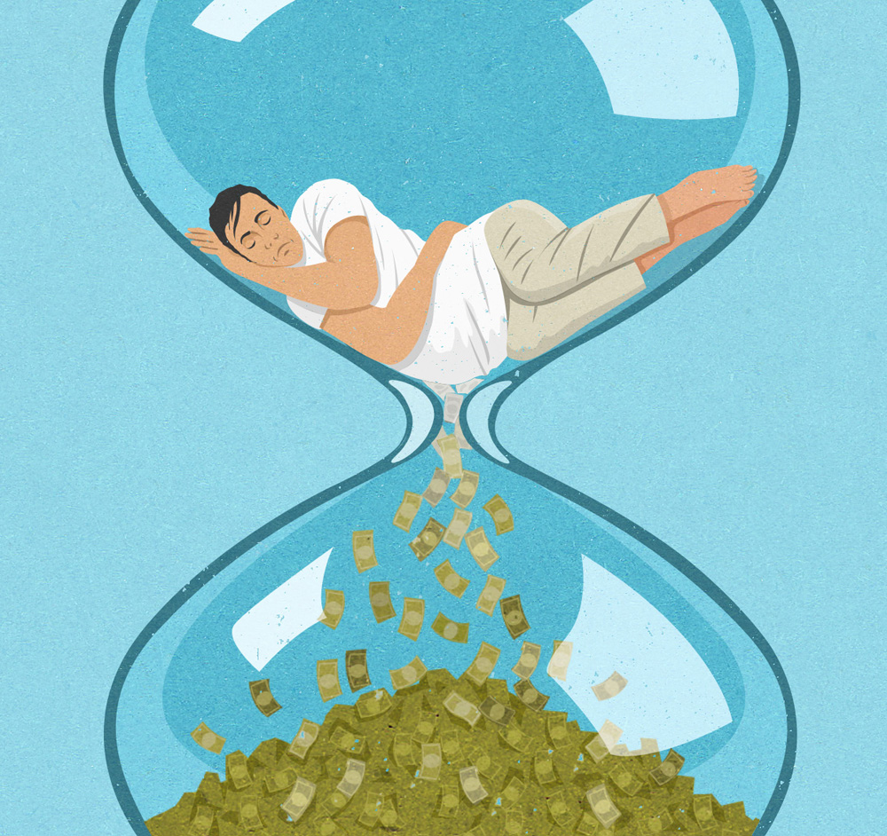 man asleep in hour glass about time being money (johnholcroft.com)