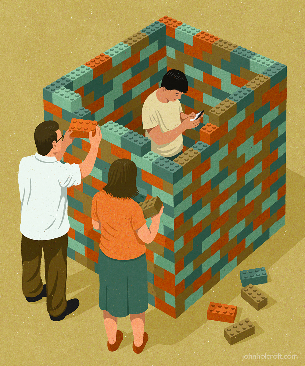 By John Holcroft editorial illustrator about teenagers having bad relationship with parents