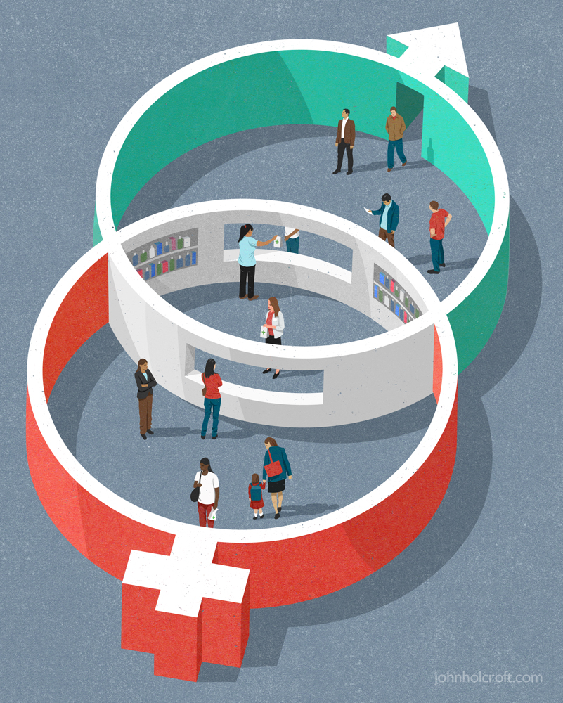 Editorial illustration about gender specific medicine by John Holcroft illustrator